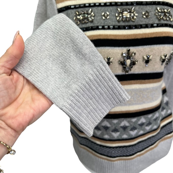 J. Crew 100% Wool Grey Long Sleeve Crew Neck Jewelled Fair Isle Sweater … - Picture 5 of 11